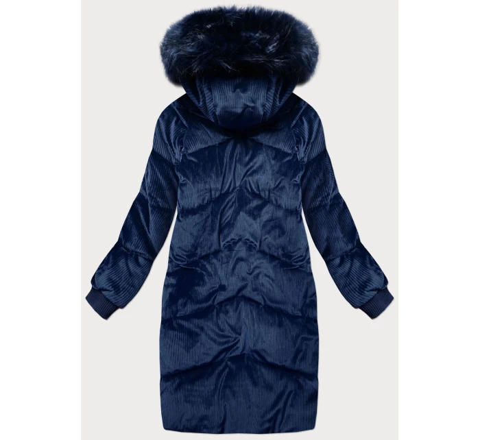 Tmavě modrá dámská manšestrová zimní bunda s kapucí (7764)