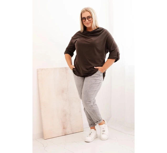 Dámská blůza Plus Size z bavlny volného střihu s vodním výstřihem hnědá