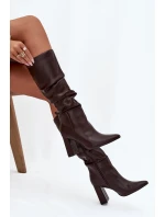 Zateplené dámské kozačky na podpatku s mašlí v hnědé barvě model 21709208 - Boto