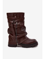 Dámské kozačky s  dílem do  s páskem čokoládové model 21715280 - Boto