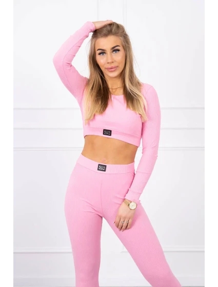 Komplet z bluzką top prążkowany jasny różowy