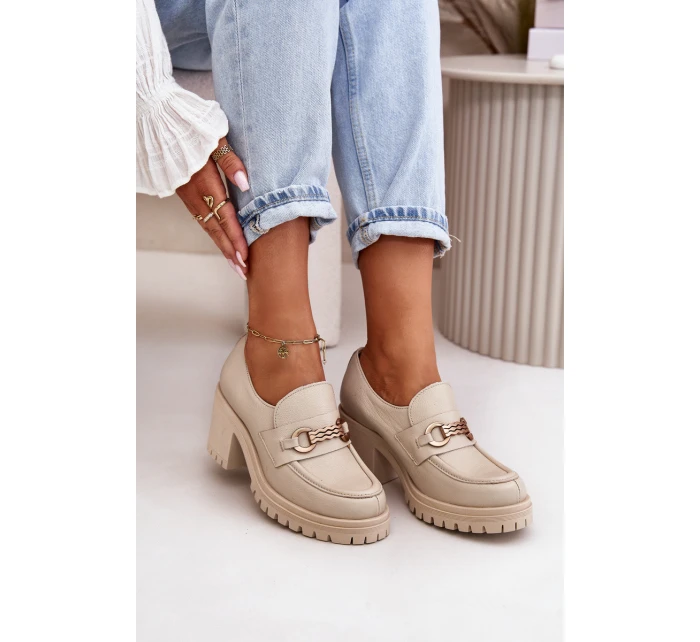 model 21669398 Lakované Polobotky Dámské Na Podpatku Přírodní Kůže Světle Béžové - Zazoo