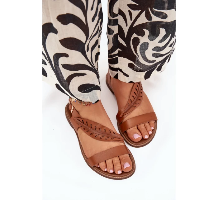 Dámské sandály z přírodní kůže na plochém podpatku Zazoo 3564 Camel Dámské sandály z přírodní kůže na plochém podpatku Zazoo 3564 Camel