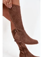 Dámské kozačky na ploché podrážce s vzorem  hnědé model 21713557 - S.Barski