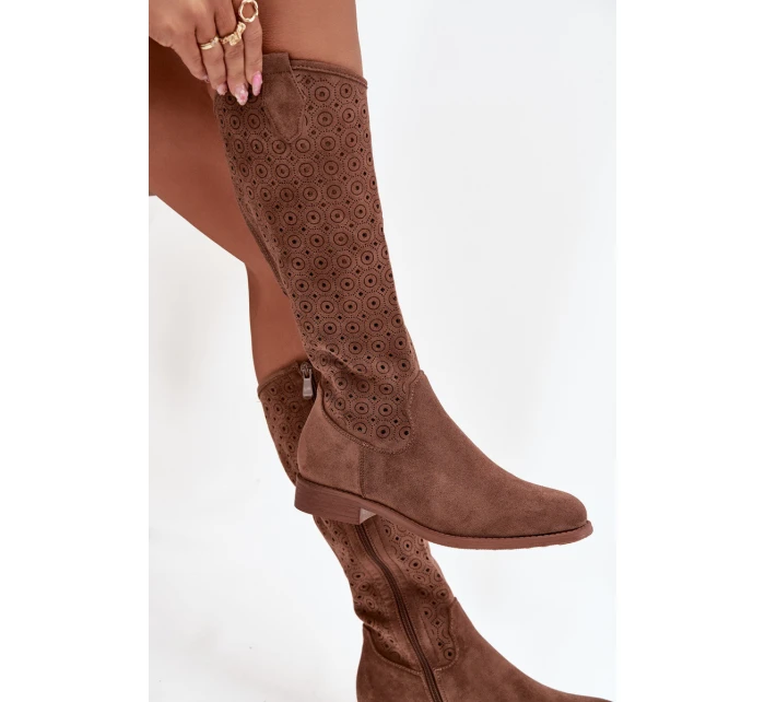 Dámské kozačky na ploché podrážce s vzorem  hnědé model 21713557 - S.Barski