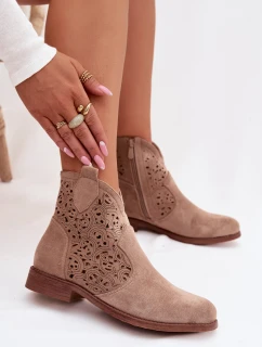 Dámské perforované kotníkové boty na nízkém podpatku model 21961093 Béžové - S.Barski