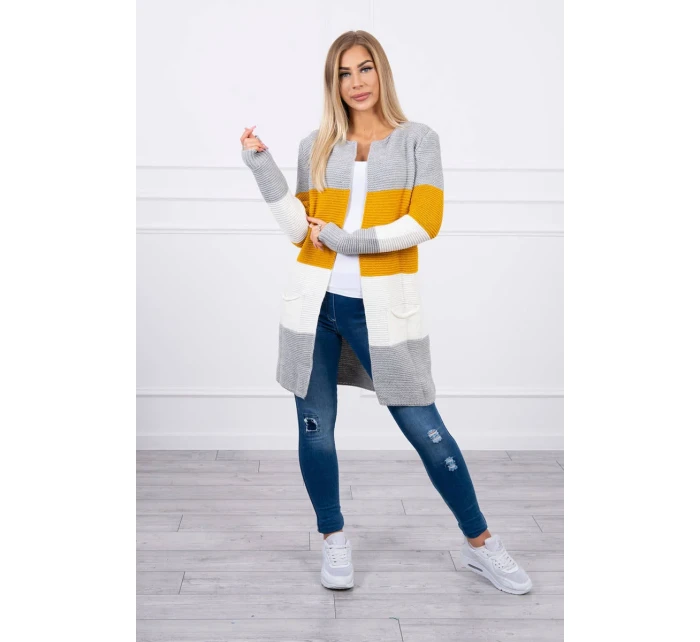 Šedý+hořčičný pruhovaný svetr