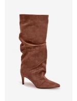 Vlněné Kozačky na Podpatku z Eko  Tmavě Béžové model 21757785 - Boto