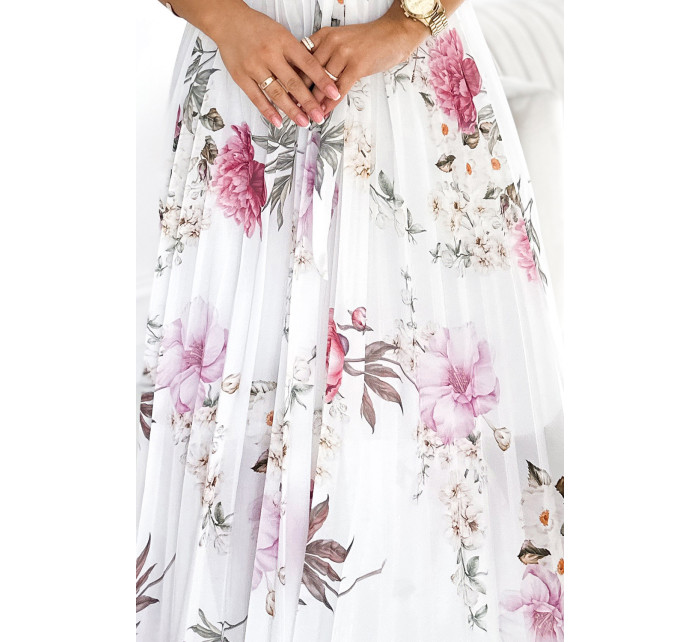 LISA - Plisované dámské midi šaty s výstřihem, volánky a se vzorem jarních květů na bílém pozadí 434-6
