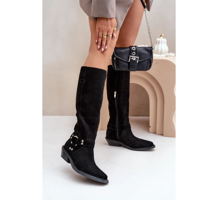Semišové Kozačky Kovbojky Na Nízkém Podpatku S Dekorací model 21680168 Černé - Zazoo