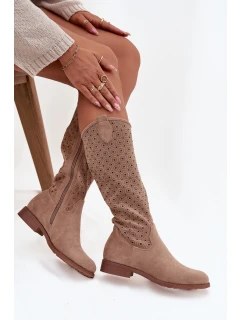 Dámské kozačky na plochém podpatku s prolamovaným vzorem S.Barski – béžové