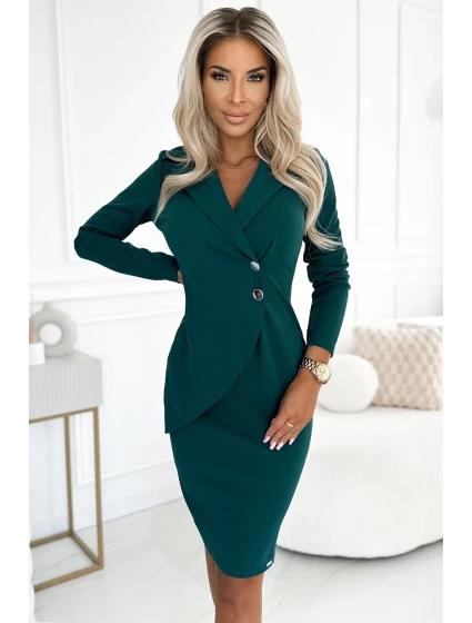 Dámské šaty v lahvově zelené barvě s výstřihem, knoflíky a límečkem model 20553773 - numoco Dámské šaty v lahvově zelené barvě s výstřihem, knoflíky a límečkem model 20553773 - numoco