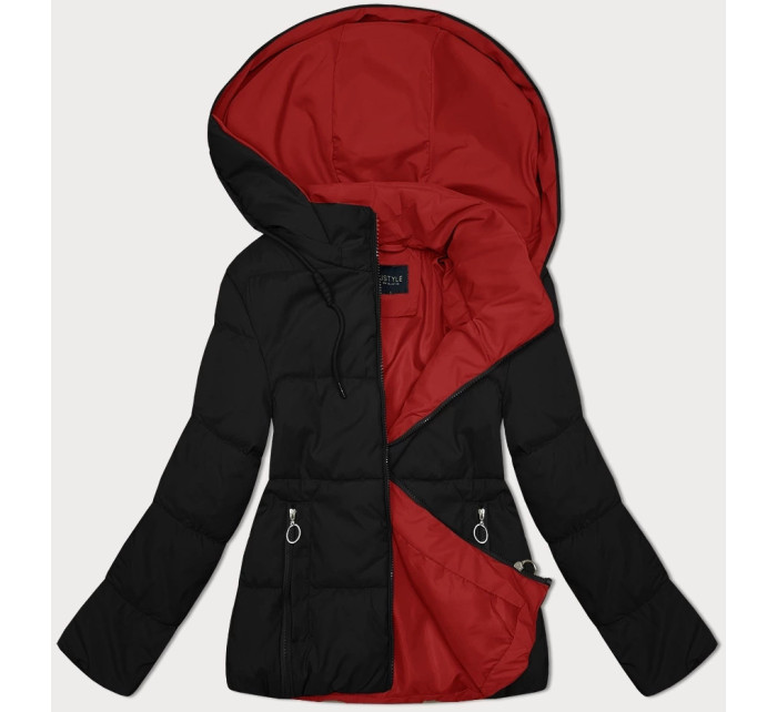 Černo-červená oboustranná dámská krátká bunda s kapucí (16M2155-270)
