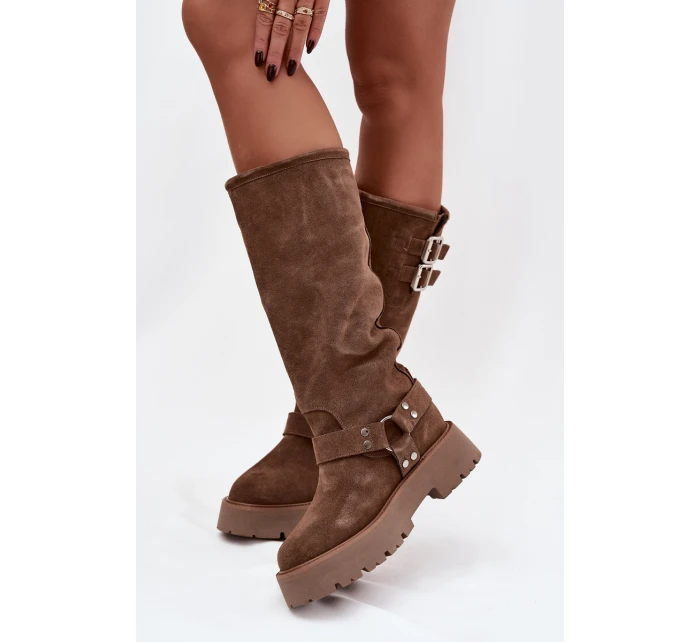 Kožené semišové dámské kozačky s přezkami zateplené Big Star OO274A182 béžové Kožené semišové dámské kozačky s přezkami zateplené Big Star OO274A182 béžové