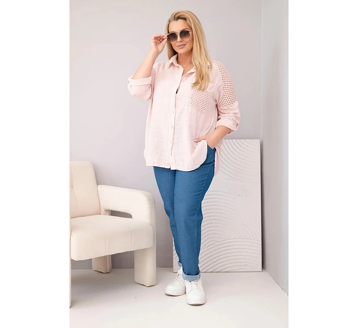 Dámská bavlněná košile Plus Size s límečkem a krajkovým vsazením tmavě pudrově růžová