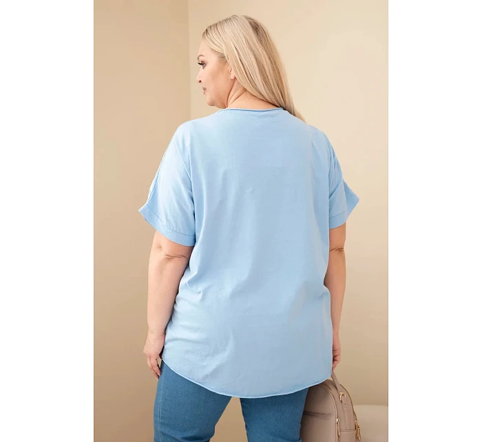Dámská bavlněná halenka Plus Size s vyšívanými květinami modrá