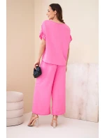 Dámský viskózový komplet s halenkou s potiskem a kalhotami světle růžový