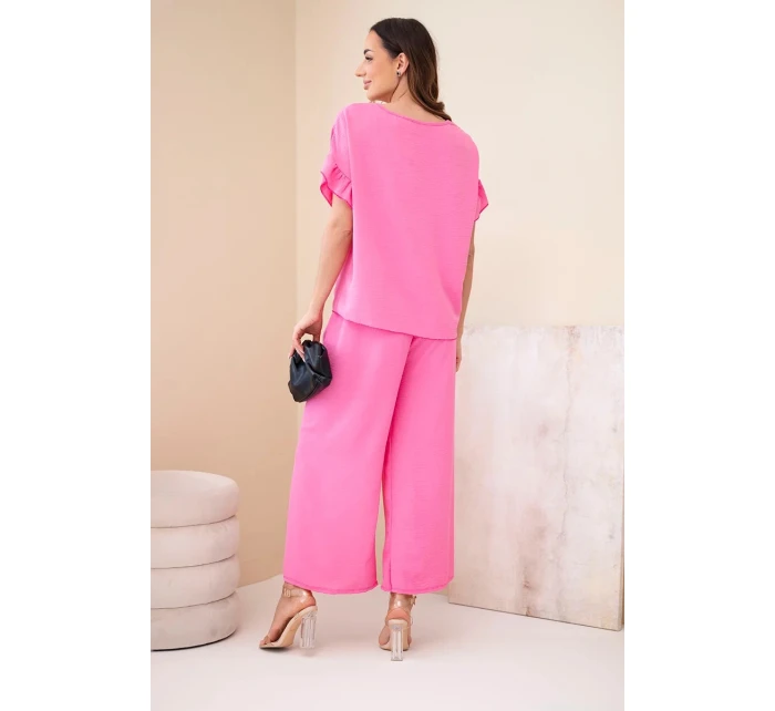 Dámský viskózový komplet s halenkou s potiskem a kalhotami světle růžový