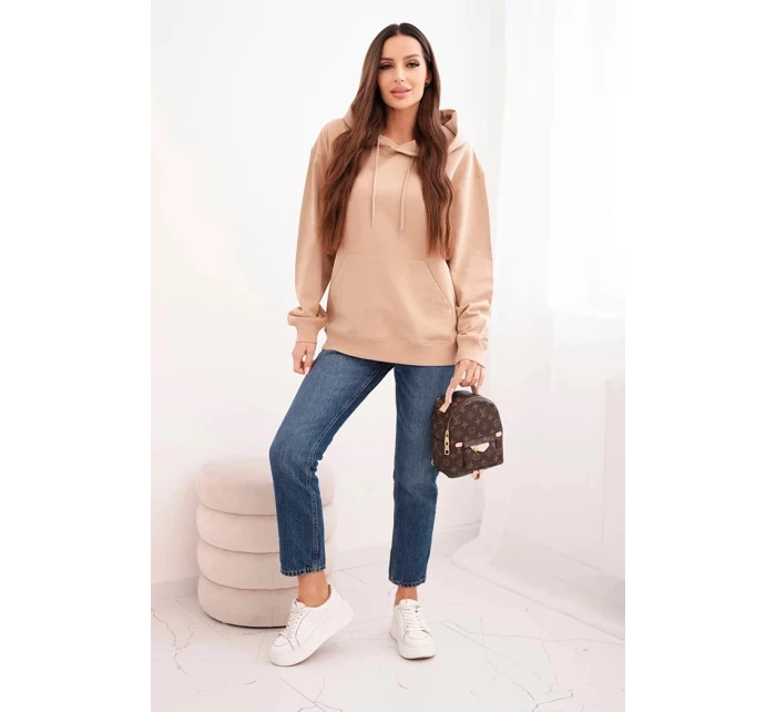 Dámská mikina s kapucí a klokaní kapsou z bavlny camelová