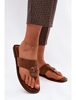 Dámské ploché žabky s ozdobou eko semiš hnědé Selvessa