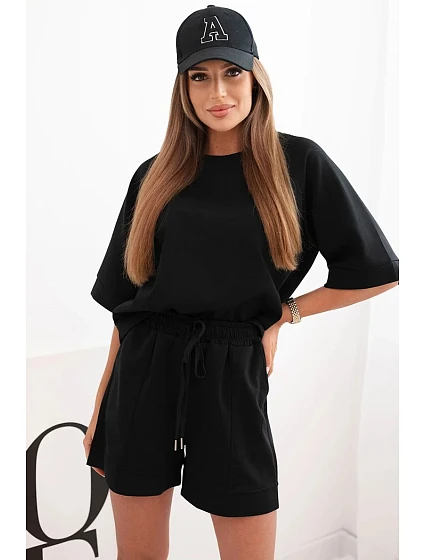 Dámská máslová souprava s halenkou s krátkým rukávem a šortkami s gumičkou černý