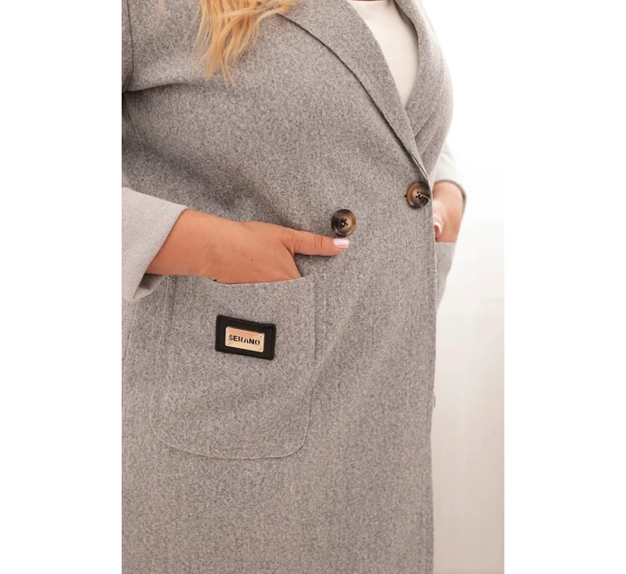 Dámský elegantní kabát Plus Size s límcem a velkými kapsami šedý
