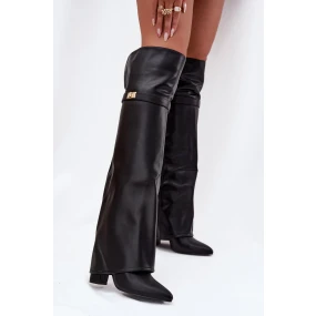 Dámské zateplené kozačky nad kolena s vyhrnutou holení a sloupkovým podpatkem Serelle – černé, eko semiš