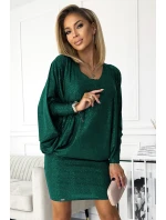 402-2 Netopýří šaty s výstřihem - lahvově zelené s brokátem