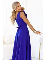 643-8 Elegantní večerní maxi šaty s rozparkem a růžemi – chrpa 643-8 Elegantní večerní maxi šaty s rozparkem a růžemi – chrpa