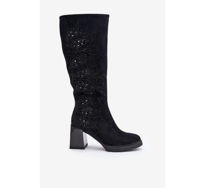 Zdobené dámské kozačky nad kolena zateplené na podpatku černé model 21671858 - S.Barski Zdobené dámské kozačky nad kolena zateplené na podpatku černé model 21671858 - S.Barski