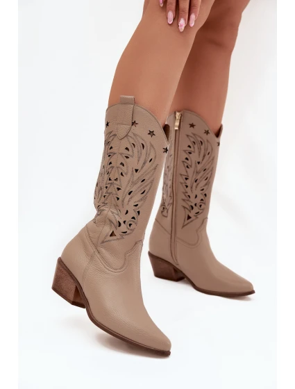 Kožené Kozačky S Vzorkovaným Svrškem Tmavě Béžové Zazoo 3714
