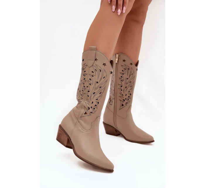 Kožené Kozačky S Vzorkovaným Svrškem Tmavě Béžové Zazoo 3714