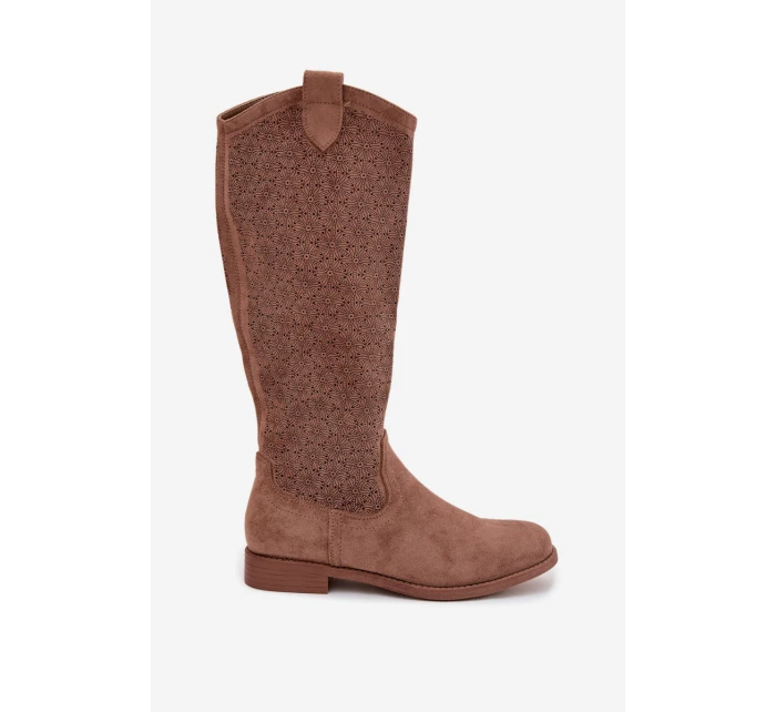 Dámské kozačky s perforovaným vzorem na nízkém podpatku S.Barski HY61-8022 Hnědé