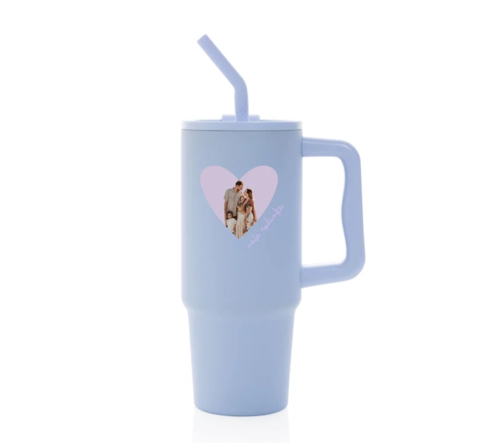 Personalizovaná termoska s barevným víčkem s výřezem fotky na podkladu