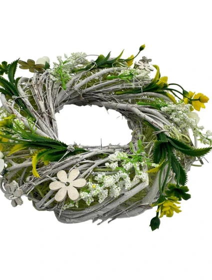 DEKORAČNÍ VĚNEC BÍLÝ A ZELENÝ S RŮŽEMI PRŮMĚR 24 CM