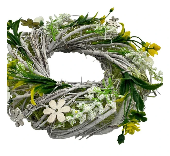 DEKORAČNÍ VĚNEC BÍLÝ A ZELENÝ S RŮŽEMI PRŮMĚR 24 CM