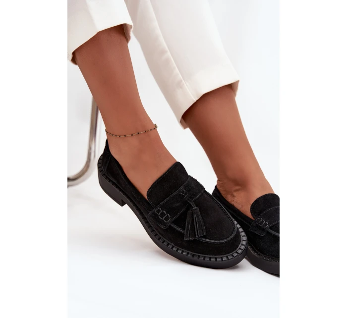Dámské semišové mokasyny s třásněmi D&A TW107 černé Dámské semišové mokasyny s třásněmi D&A TW107 černé
