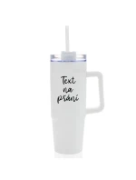 TEXT NA PŘÁNÍ - bílý cestovní termohrnek s průhledným víčkem 900 ml  
