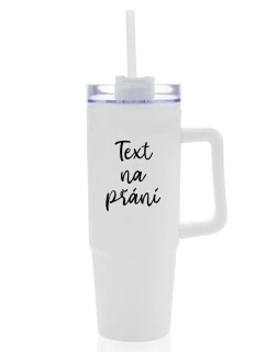 TEXT NA PŘÁNÍ - bílý cestovní termohrnek s průhledným víčkem 900 ml  