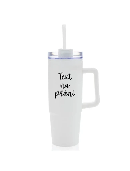 TEXT NA PŘÁNÍ - bílý cestovní termohrnek s průhledným víčkem 900 ml  