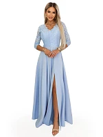 model 22040386 AMBER elegantní dlouhé krajkové šaty s výstřihem modré - numoco