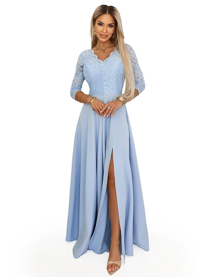 model 22040386 AMBER elegantní dlouhé krajkové šaty s výstřihem modré - numoco