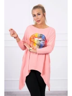 Oversize halenka s duhovým potiskem rtů v meruňkové barvě