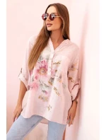 Dámská blůza z bavlny s květinovým vzorem a knoflíky pudrově růžová