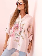 Dámská blůza z bavlny s květinovým vzorem a knoflíky pudrově růžová