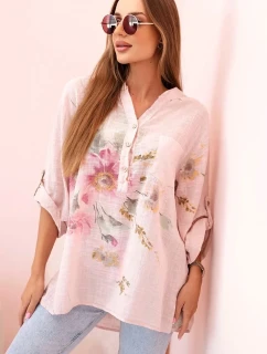 Dámská blůza z bavlny s květinovým vzorem a knoflíky pudrově růžová