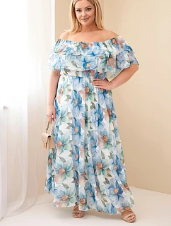 Dámské šaty Plus Size s volánem, s odhalenými rameny a elastickým pasem maxi modrá
