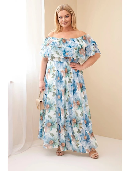 Dámské šaty Plus Size s volánem, s odhalenými rameny a elastickým pasem maxi modrá