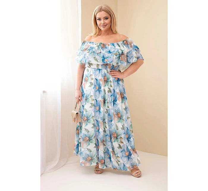 Dámské šaty Plus Size s volánem, s odhalenými rameny a elastickým pasem maxi modrá