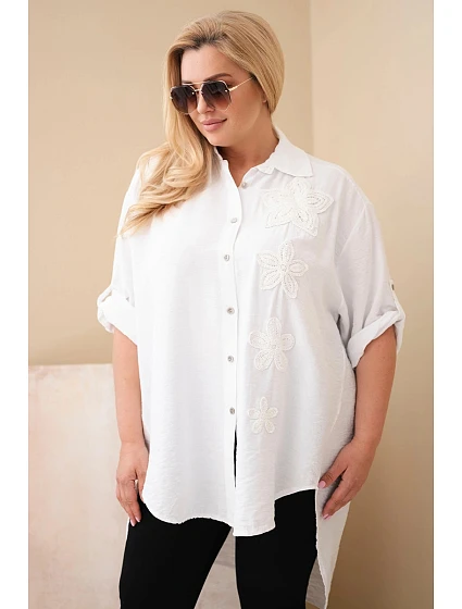 Dámská košile Plus Size z viskózy s květinovou výšivkou bílá